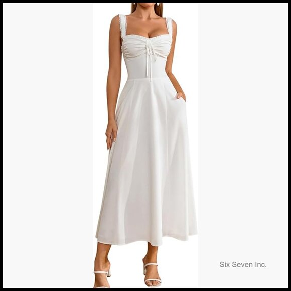 Floral Corset Midi Dress with Pockets Lace Up Back Sweetheart Neckline